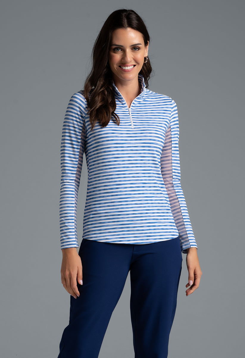 IBKUL LANDONSTRIPE LONG SLEEVE ZIP MOCK NECK SHIRT - INK/WHITE