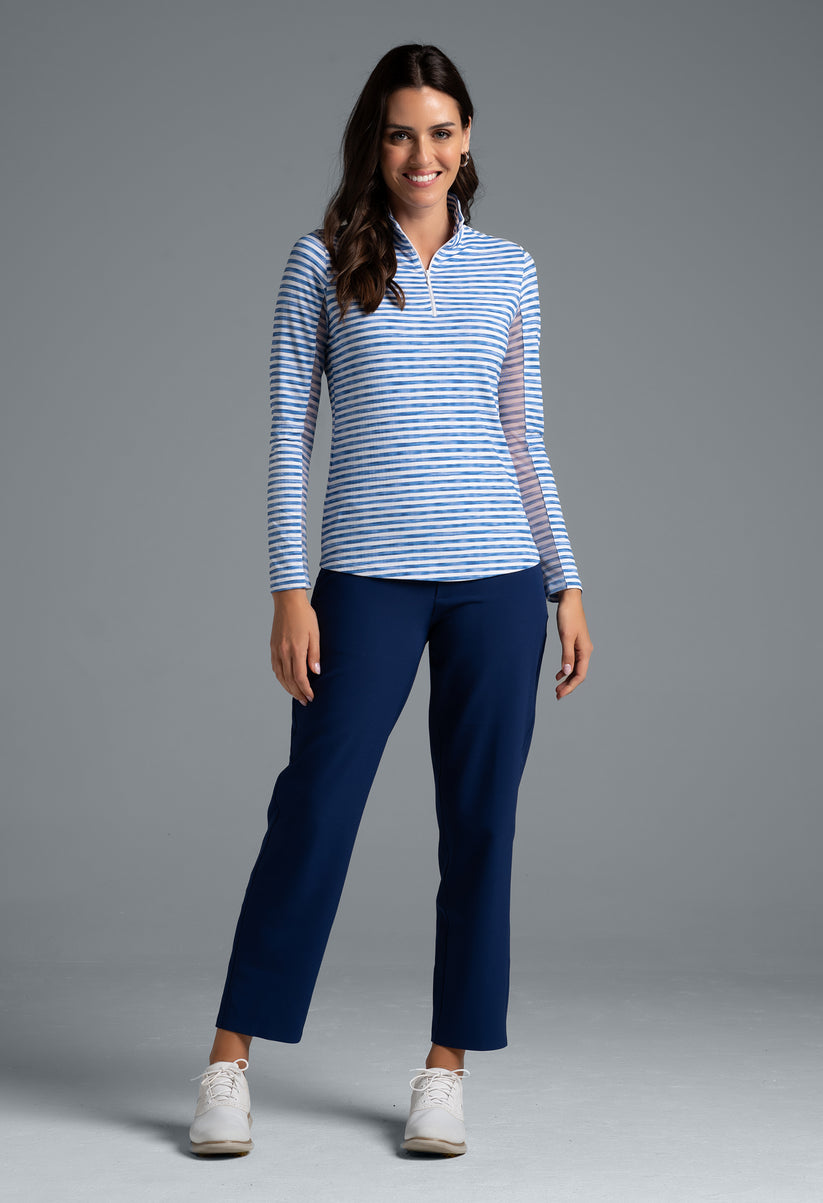 IBKUL LANDONSTRIPE LONG SLEEVE ZIP MOCK NECK SHIRT - INK/WHITE