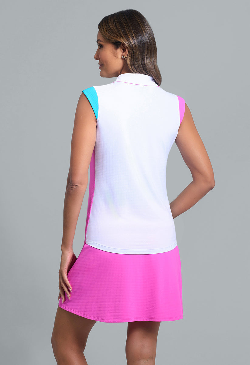 IBKUL COLOUR BLOCK SLEEVELESS POLO - PINK/TURQUOISE