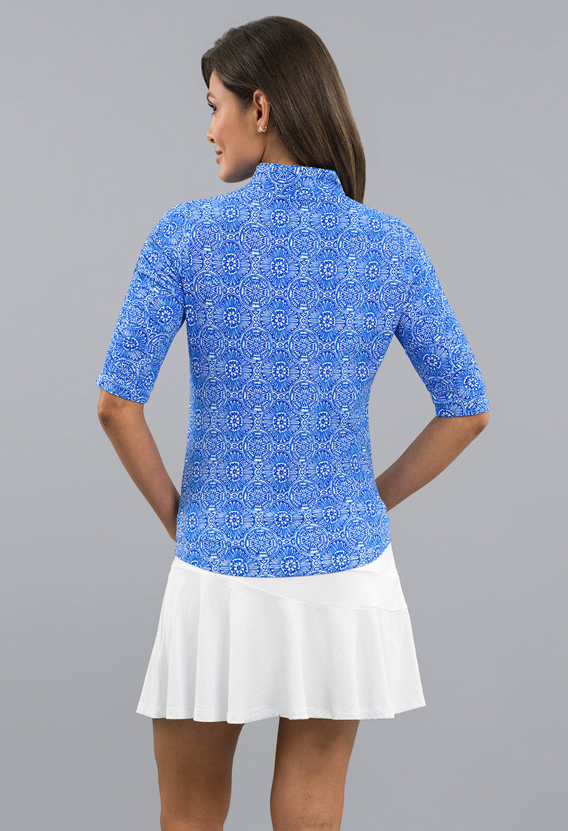 IBKUL Amani Ruched Elbow Sleeve Mandarin Collar Top