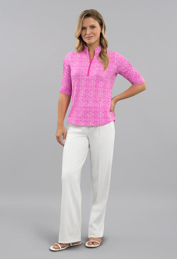 IBKUL Amani Ruched Elbow Sleeve Mandarin Collar Top