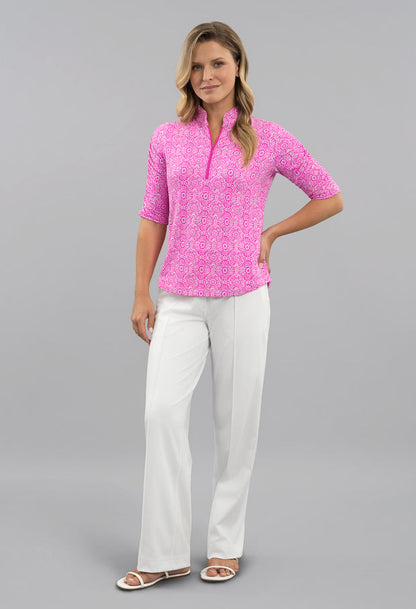 IBKUL Amani Ruched Elbow Sleeve Mandarin Collar Top