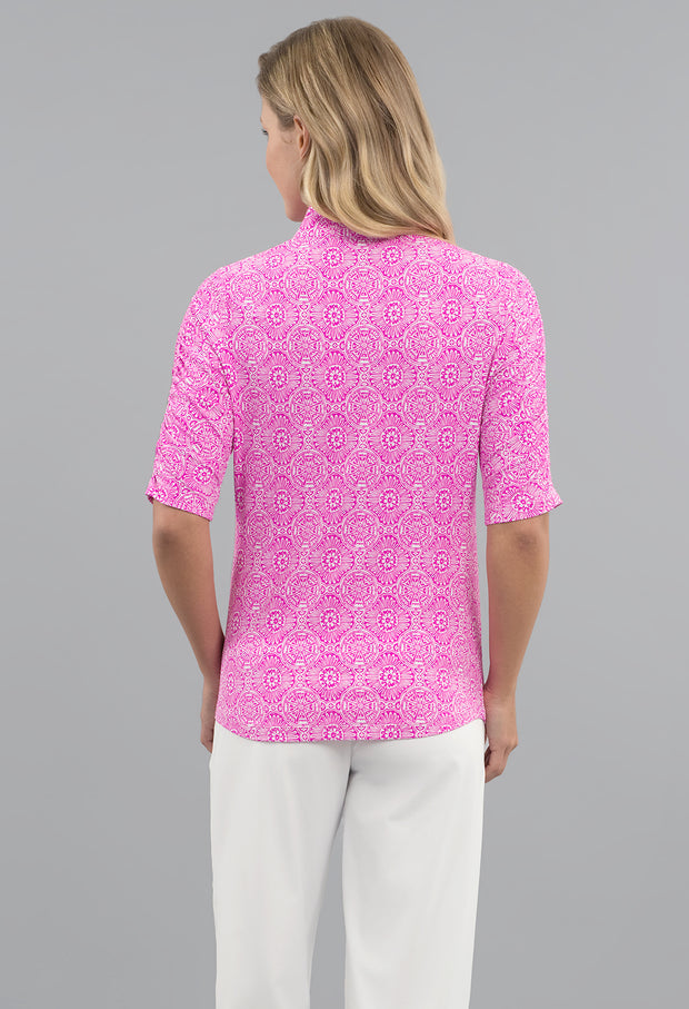 IBKUL Amani Ruched Elbow Sleeve Mandarin Collar Top