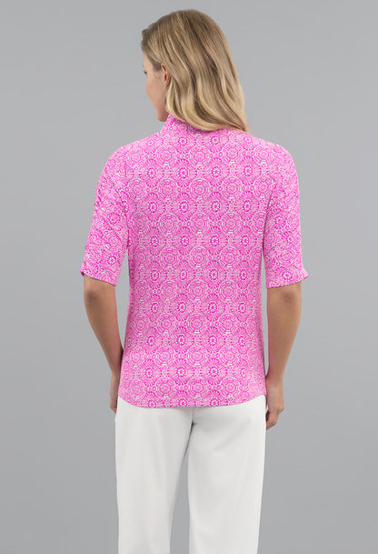 IBKUL Amani Ruched Elbow Sleeve Mandarin Collar Top