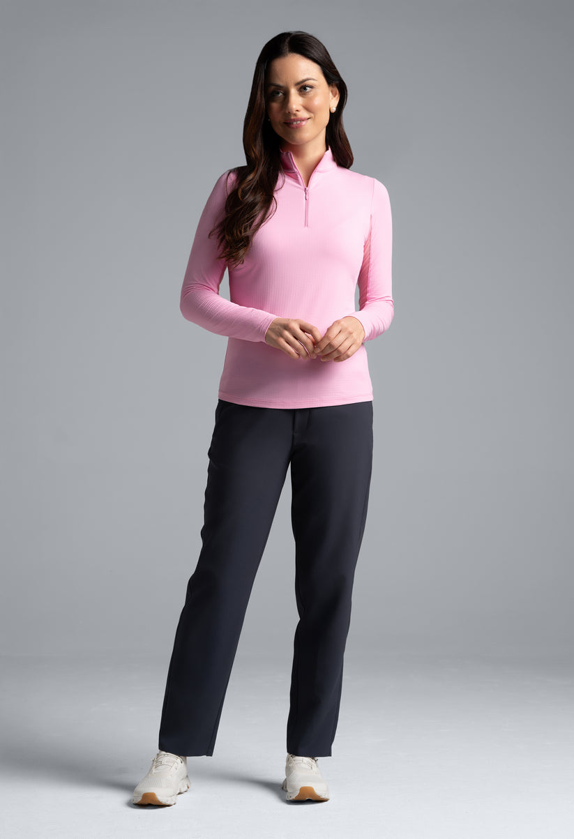 IBKUL SOLID LONG SLEEVE ZIP MOCK NECK SHIRT - PINK