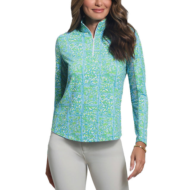IBKUL JOSIE LONG SLEEVE ZIP MOCK NECK SHIRT TURQUOISE/LIME