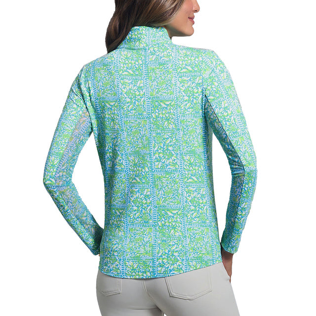IBKUL JOSIE LONG SLEEVE ZIP MOCK NECK SHIRT TURQUOISE/LIME