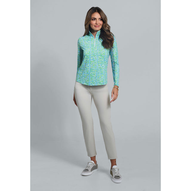 IBKUL JOSIE LONG SLEEVE ZIP MOCK NECK SHIRT TURQUOISE/LIME